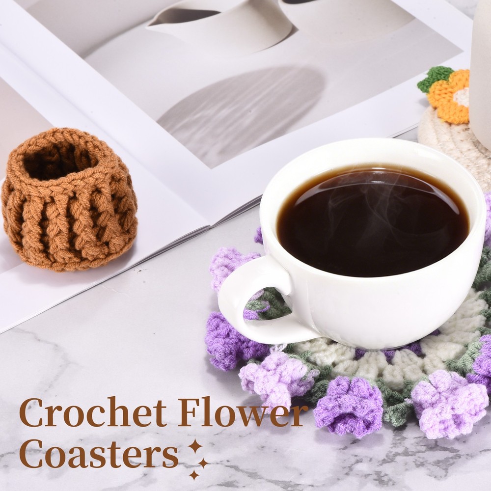 Crochet Flower Coasters, Coasters with Mini Basket, Gradient Purple