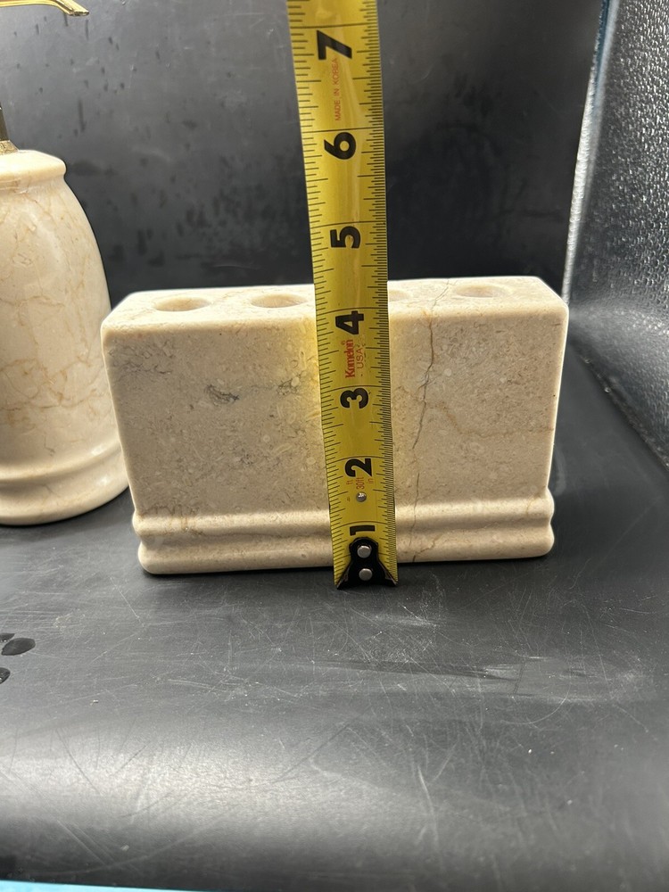 Frontgate Designer Solid Travertine Marble Toothbrush Holder & Lotion Dispenser