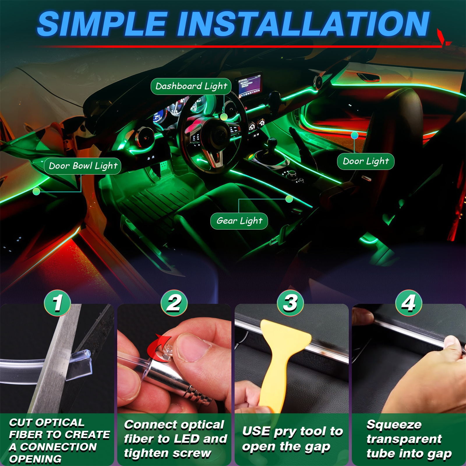 RGB 10-in-1 Interior Car LED Strip Light Neon Ambient Light Kit Fiber Optic Tube