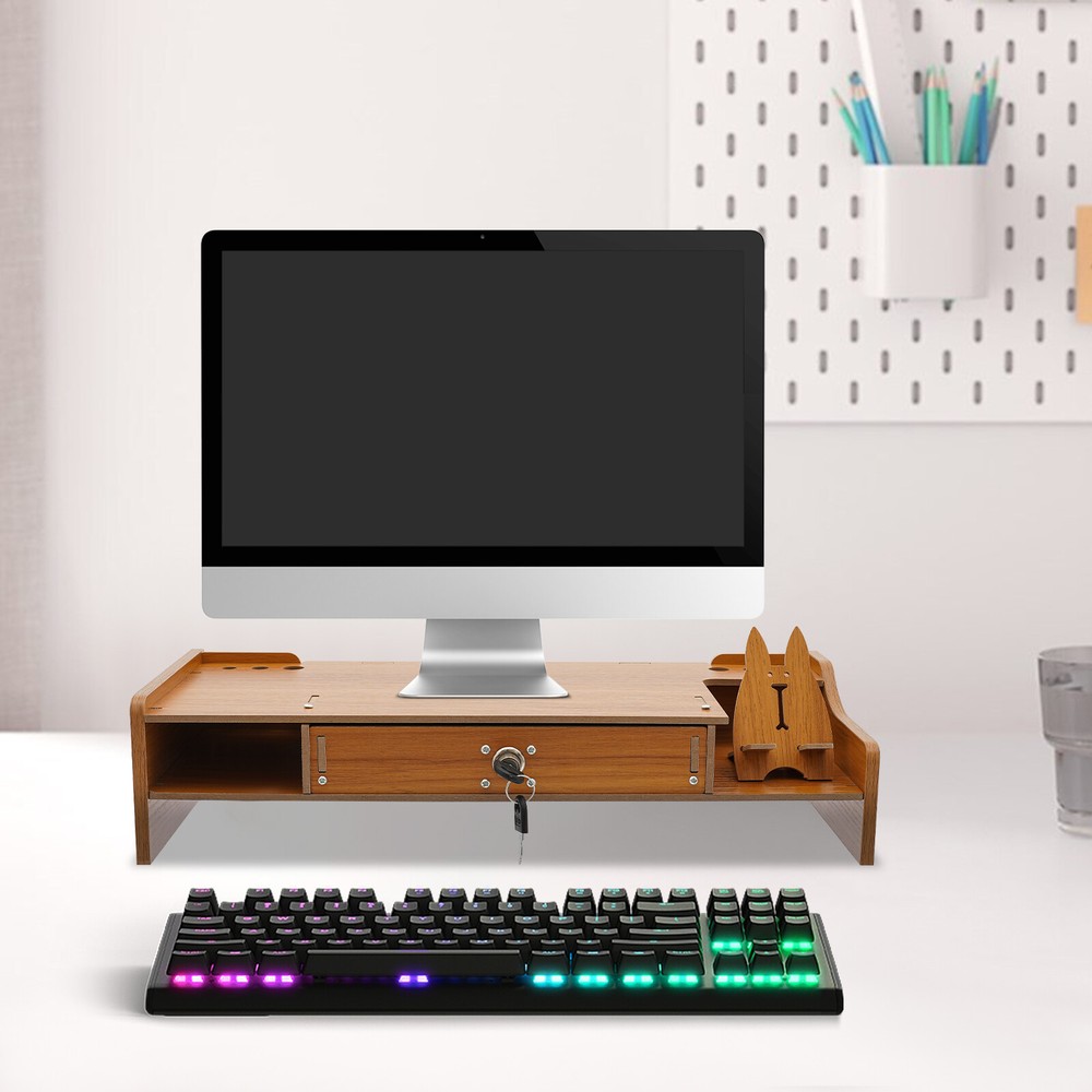 Monitor Stand Riser, Computer Laptop Riser Shelf with Lockable Organizer Drawers