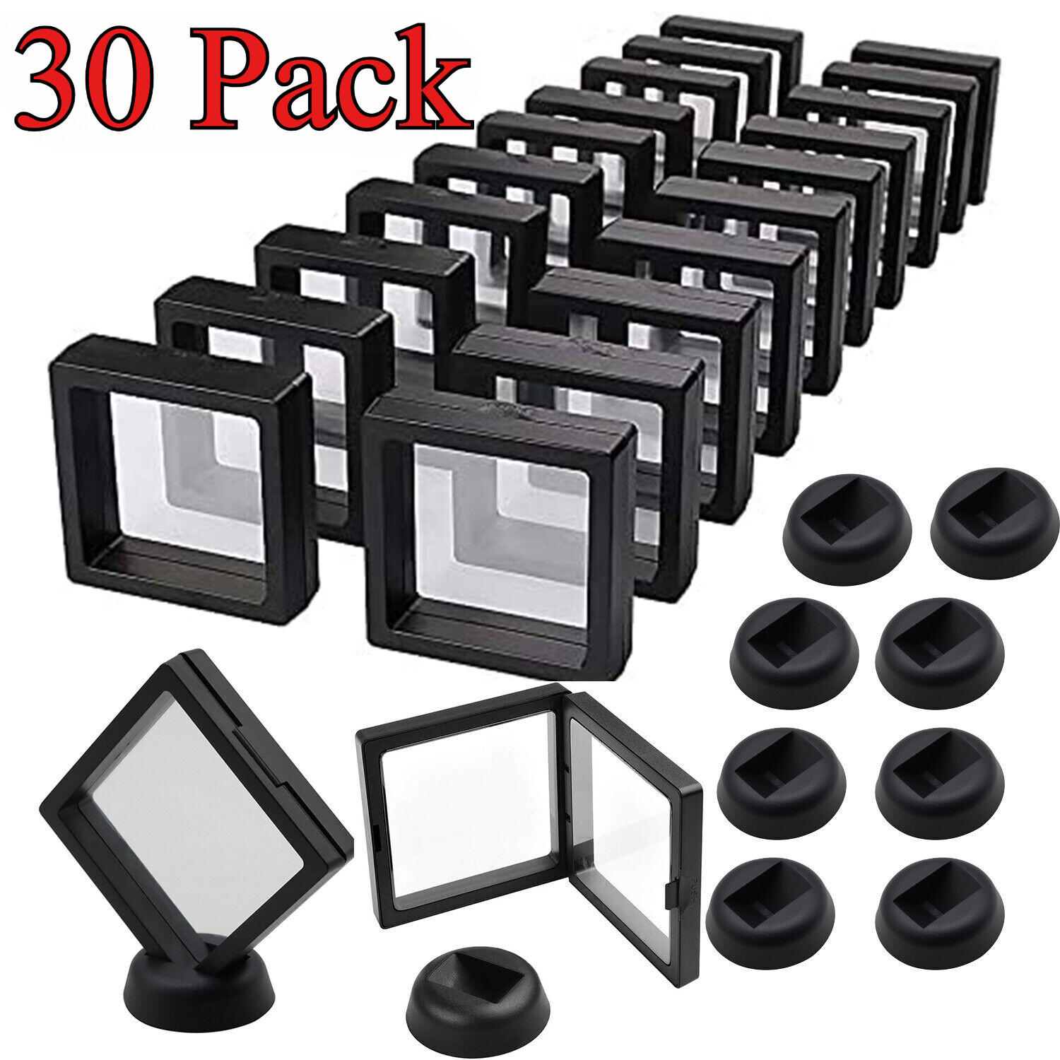 30 Pack 3D Floating Case Box Coin Display Frame Stand Holder Jewelry Collect
