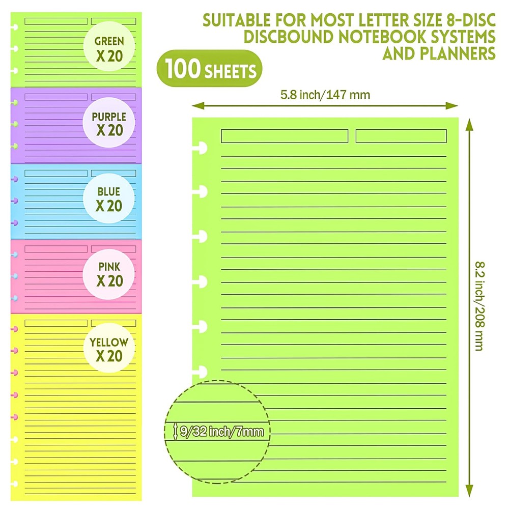MotBach 100 Sheets Junior Size Discbound Lined 5.8'' x 8.2'', Multicolor