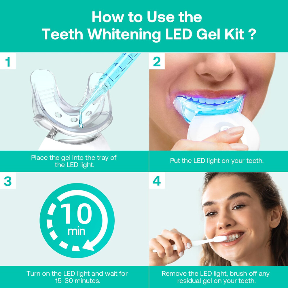 Teeth Whitening Kit 6 Cleaning Gel + 2 Blue gel + Led Light Dental Trays teeth