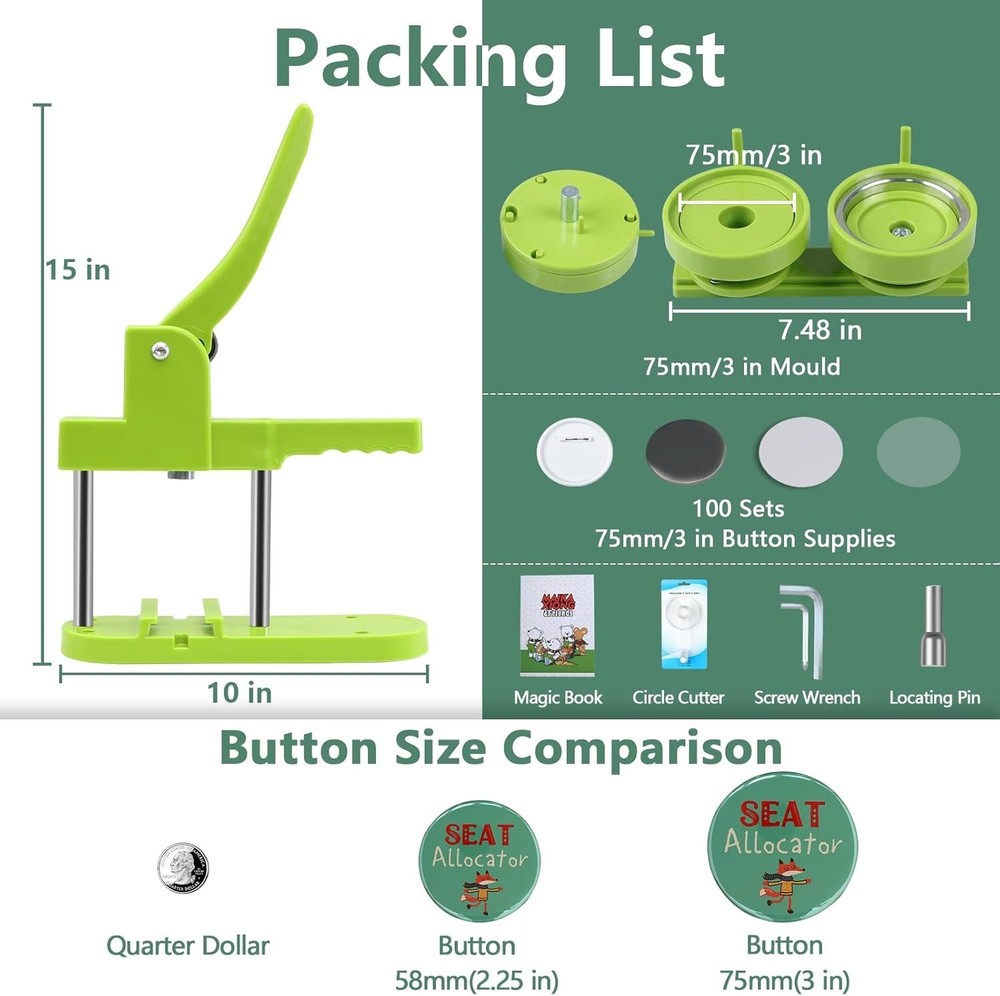 Button Maker Machine, 75mm3 inch DIY Pin Button Maker Press Machine Kit, Badg...