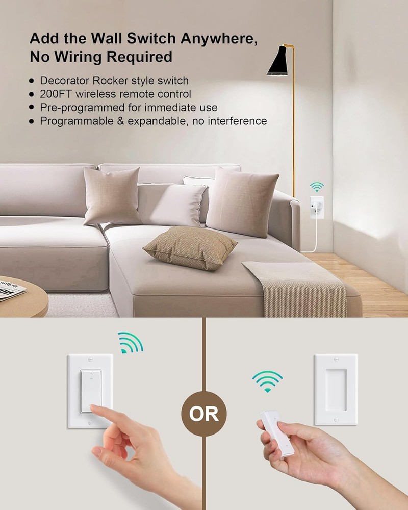 2 Pack Remote Control Outlet, 15A Wireless Light Switch for Home Appliances