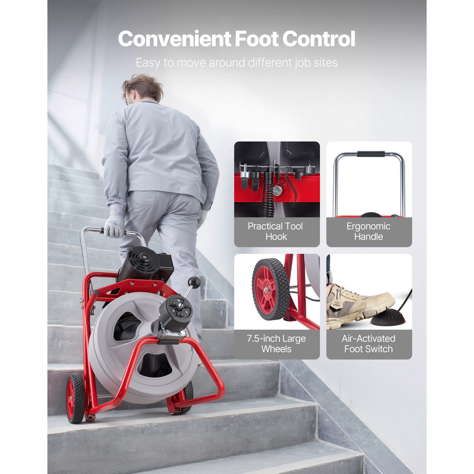 Uimoso Drain Cleaning Machine 100FT x1/2 Inch with Auto Feed, Wheels & 8 Cutters