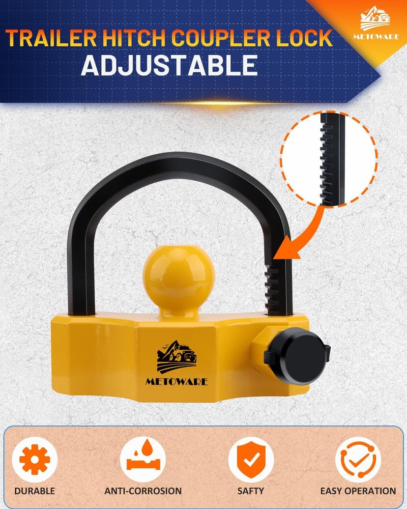 METOWARE Universal Trailer Coupler Lock, Adjustable 1 PACK, YELLOW-BLACK