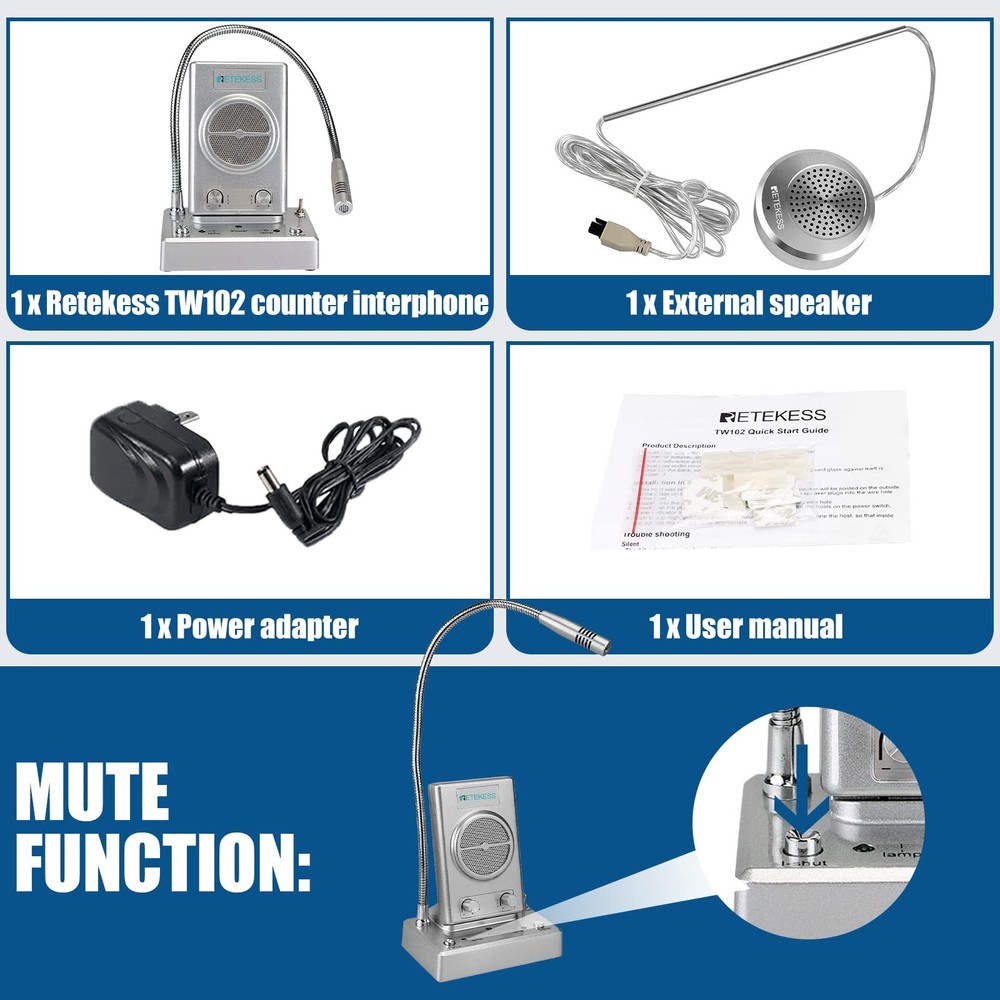 Retekess TW102 Window Microphone Speakers, Window Intercom System, 8M Cable ...