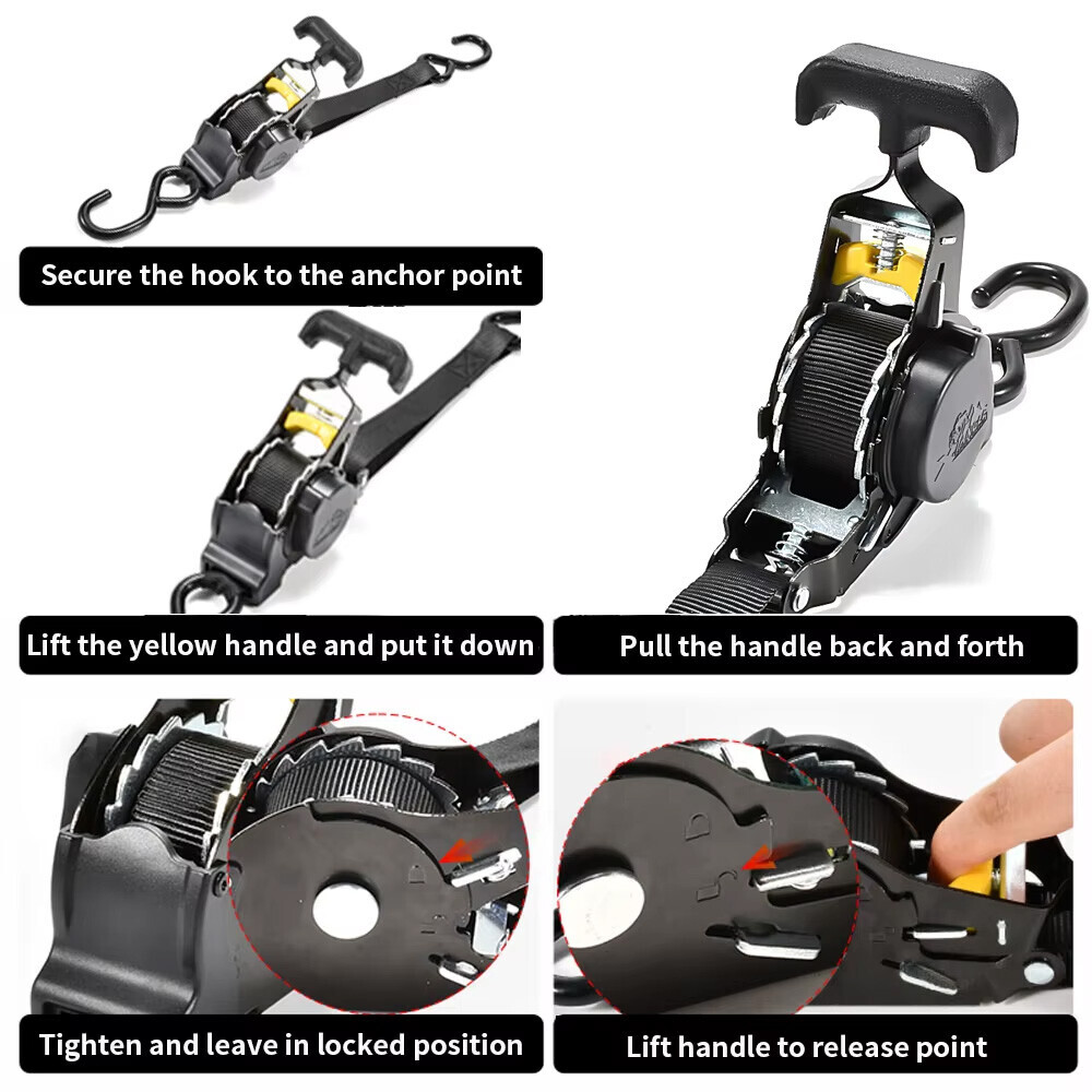 4 Pack Retractable Ratchet Tie-Down Straps 1500LBS Heavy-Duty for Boat, ATV, UTV