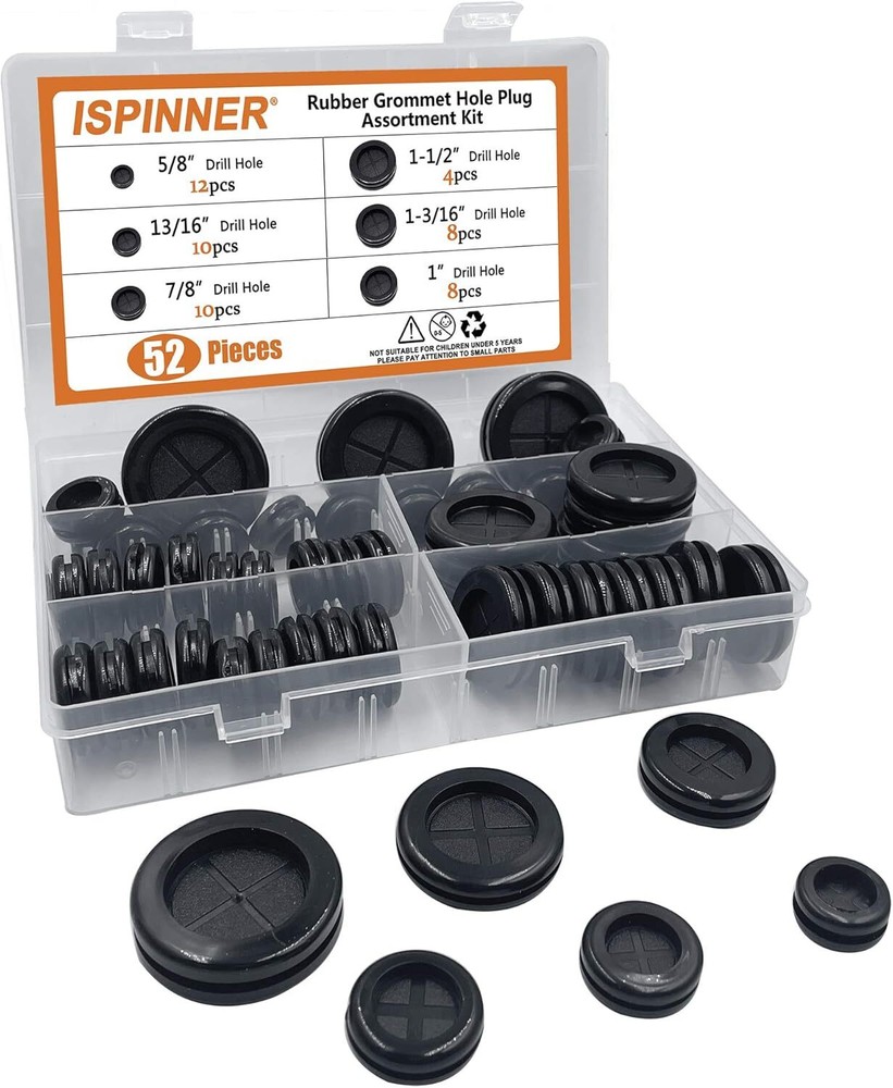 ISPINNER 52pcs 6 Sizes Rubber Grommet, Double Sided Round Hole Black
