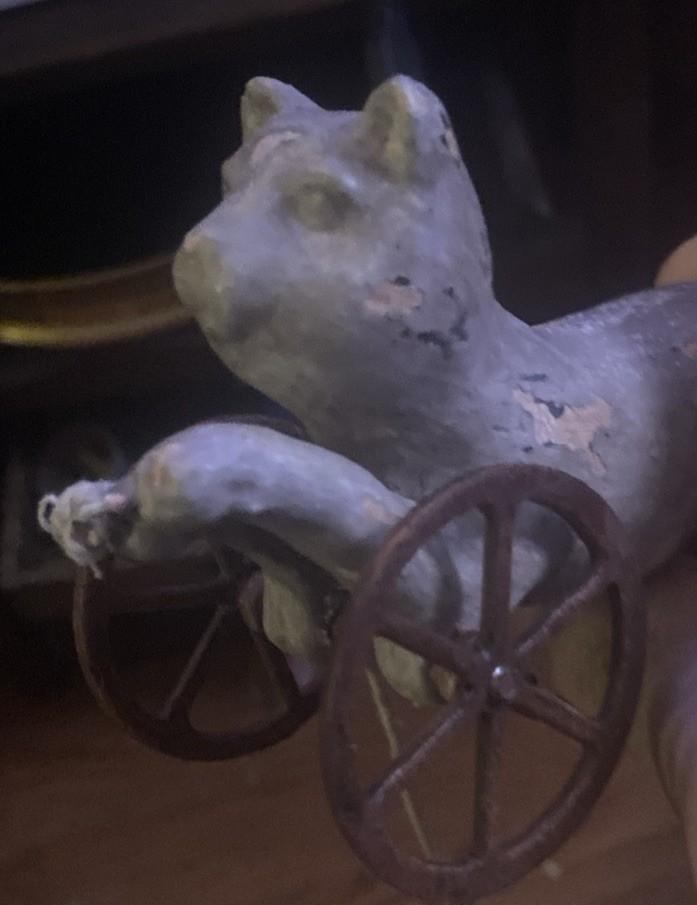 Antique Paper Mache Leaping Cat On Wheels Pull Toy