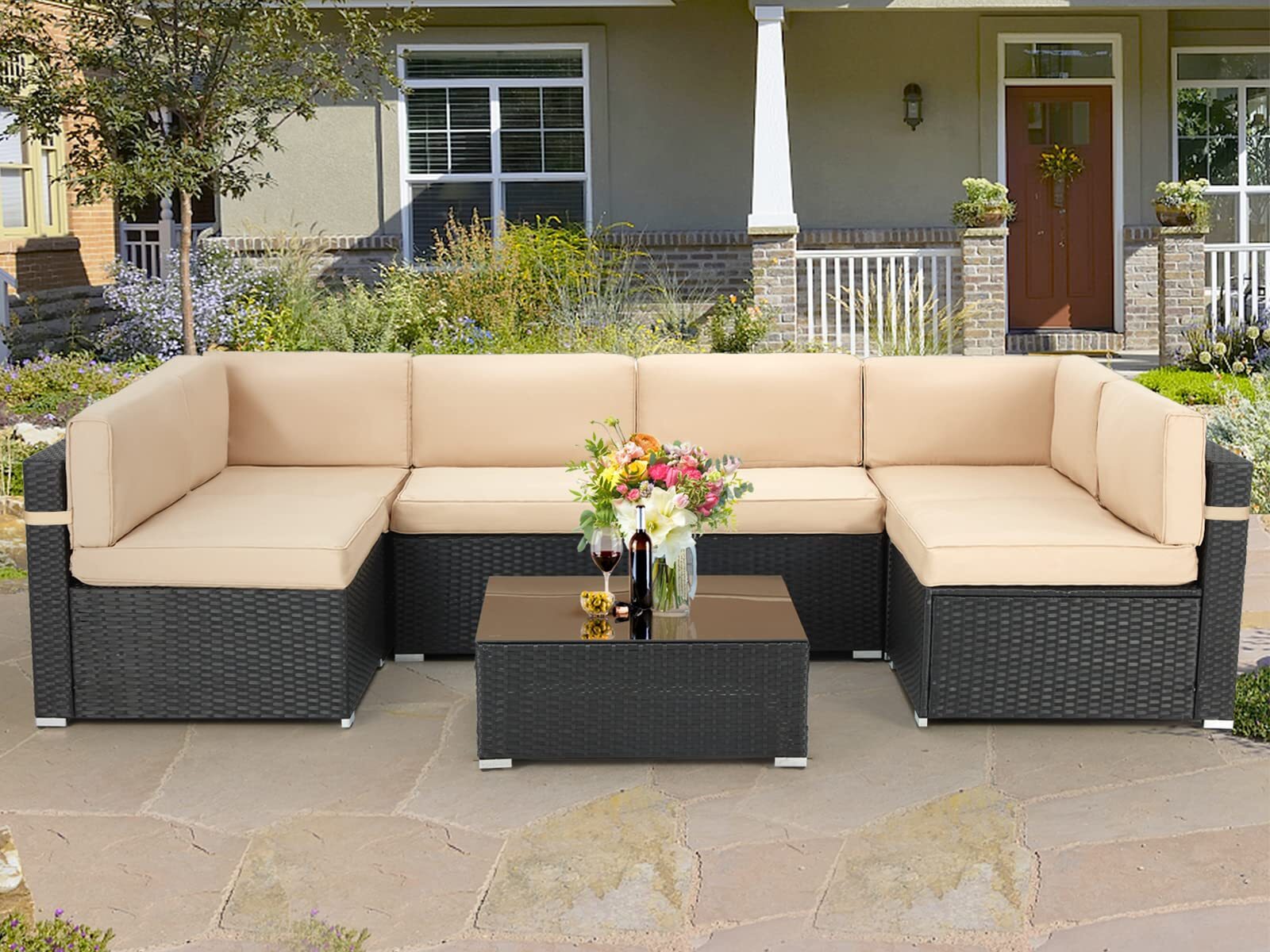 7-Pieces Patio Furniture Set Outdoor Sectional Sofa Rattan Wicker Sofa W/ Table