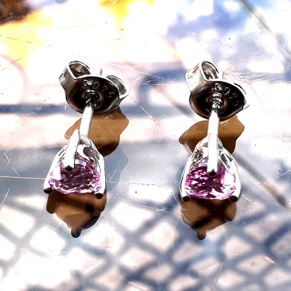 Tiny Lab Grown Pink Sapphire Heart Stud Earrings Solid Sterling Silver 925