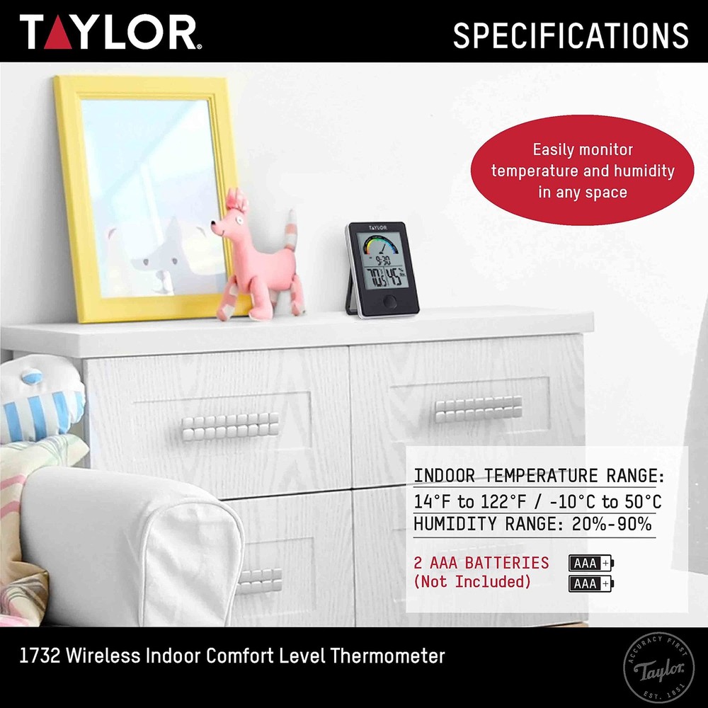 Taylor Digital Wireless Indoor Comfort Level Single Display, Black