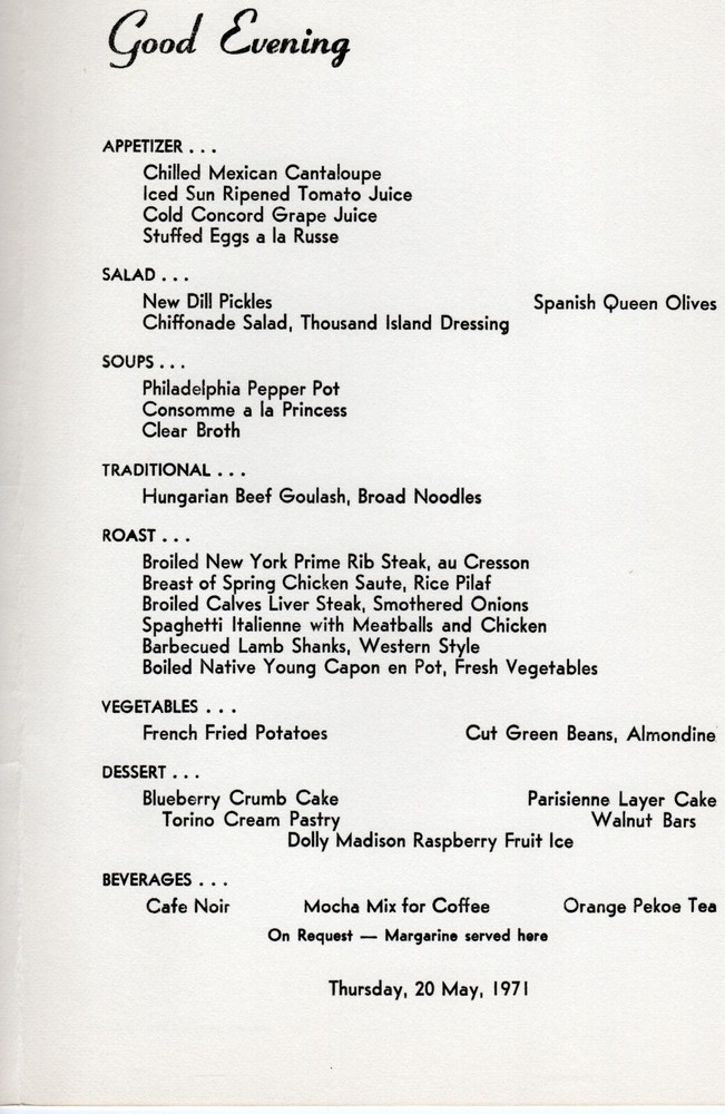 The Concord Hotel Dinner Menu