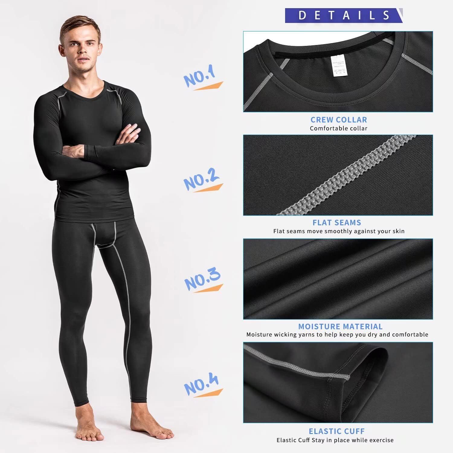 Mens Compression Base Layer Under Full Suit Shirt Tights Pant Set Winter Thermal
