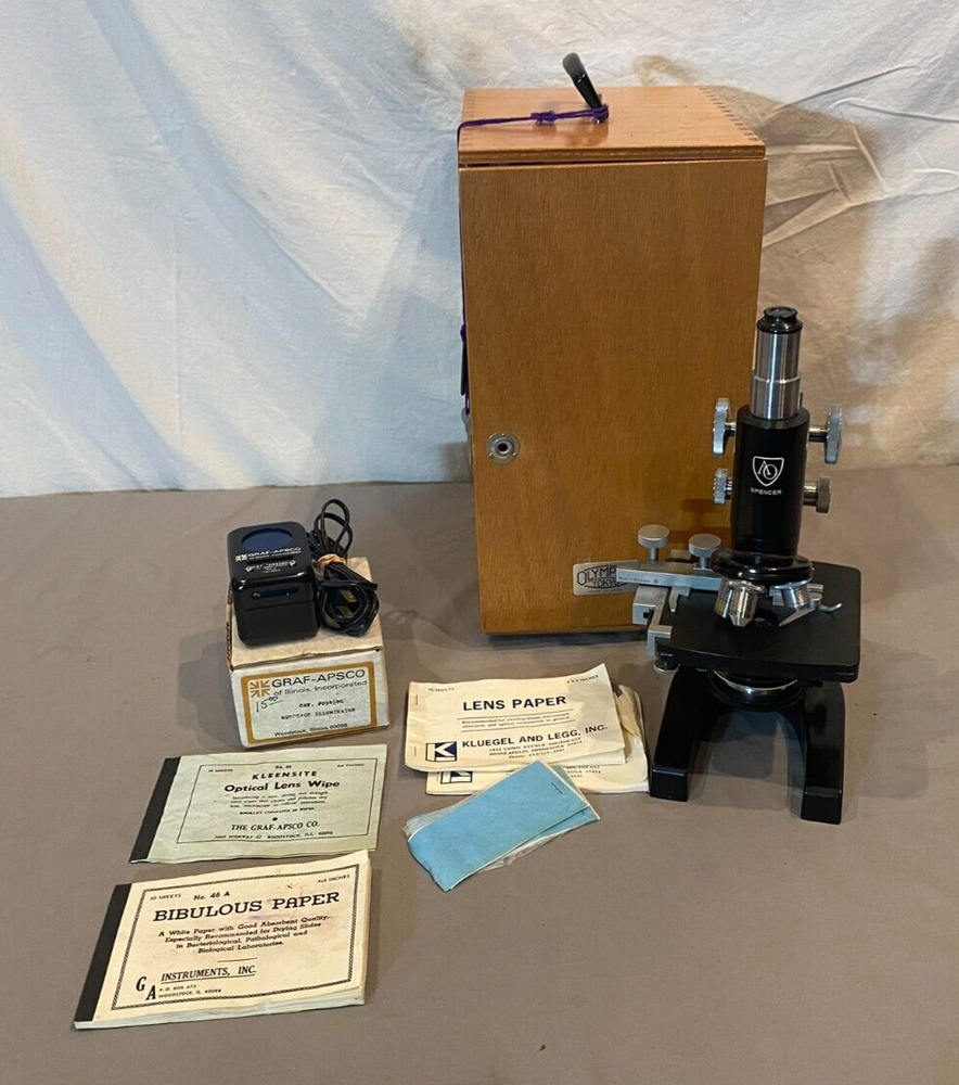 American Optical B-35-38 Monocular Light Microscope Graf-Apsco Lamp Olympus Case