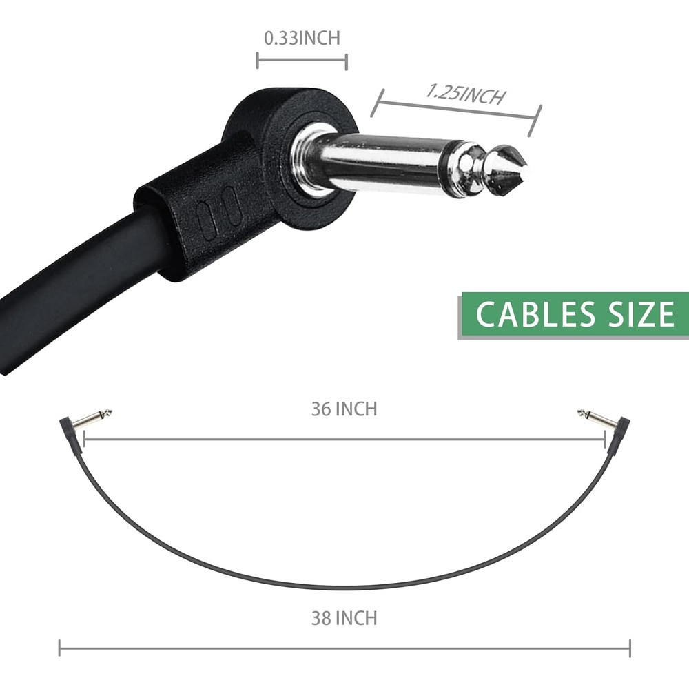 3FT Guitar Patch Cables, 1/4" TS Right Angle Effect Pedal Flat 3 FT, Black