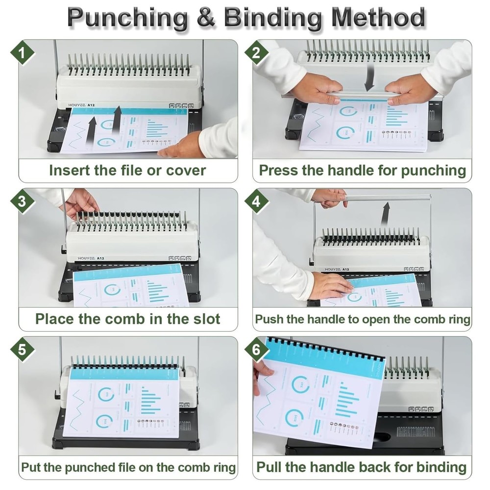 HOUYEE Manual Comb Binding Machine,19 Holes, 450 Sheets,Paper Punch Comb Bind...
