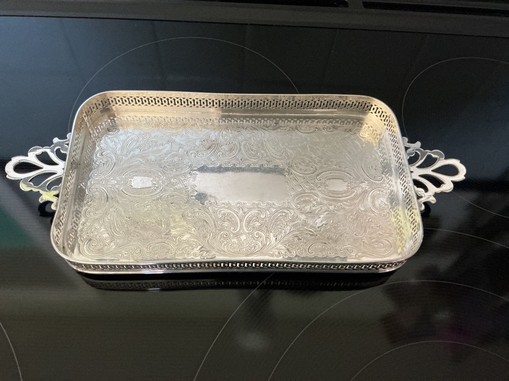 Vintage Silverplate Footed Rectangular Gallery Tray Pierced 11.75”x4.75”x.75”
