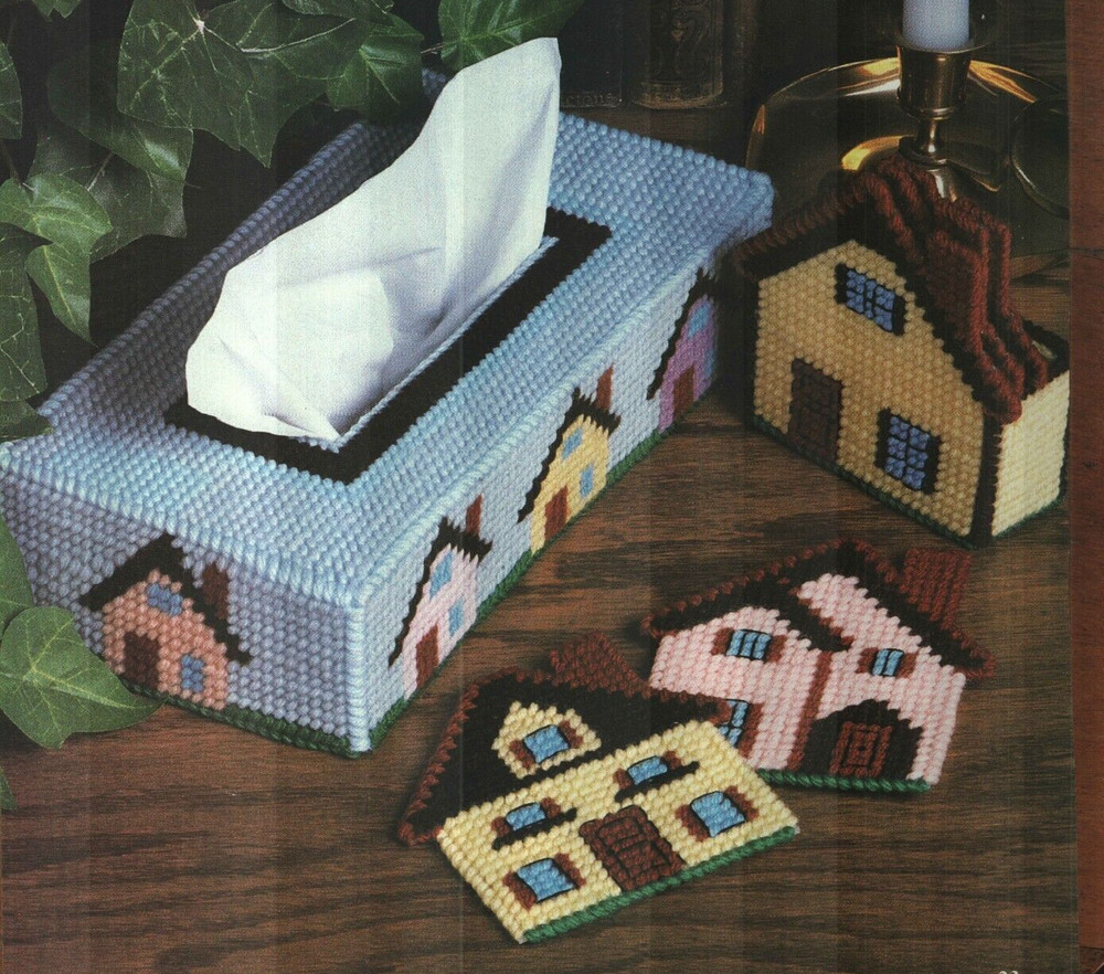 COLORFUL COTTAGES COASTERS & TISSUE COVER PLASTIC CANVAS PATTERN INSTRUCTIONS