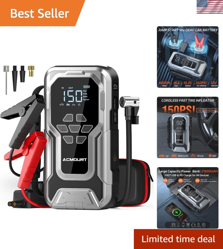 D18 Jump Starter with LED Light, 6000A Power & Air Compressor - Compact Design