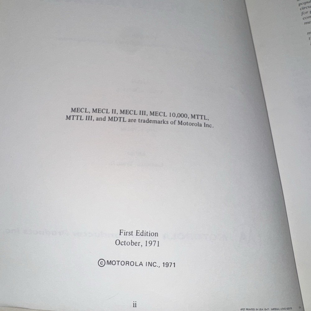 1971 Motorola MECL System Design Handbook First Edition Semiconductor Logic Book