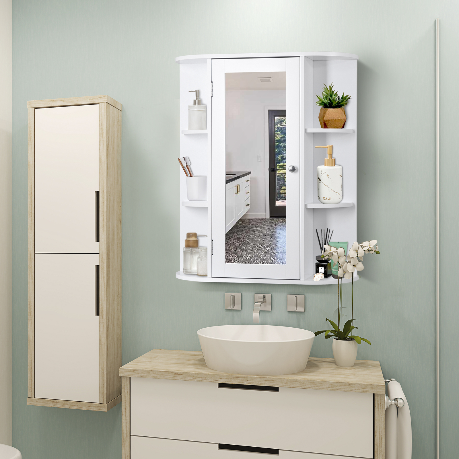 Bathroom Cabinet Single Door Wall Mount Medicine Cabinet with Mirror Shelf