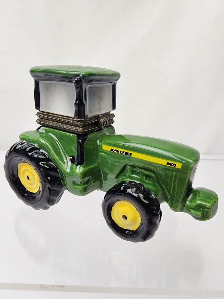 John Deere Licensed Trinket Box Tractor Ceramic 2.5" Hinged Lid 1998 EUC