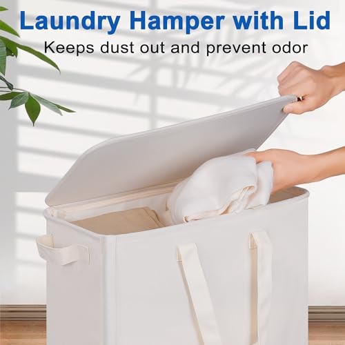 Slim Laundry Hamper with Lid and Wheels, Small Rolling Laundry 75L Beige