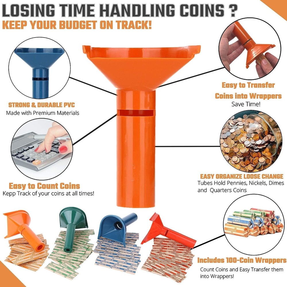 Coin Counters Tray & 4 Color-Coded Sorters Tubes Bundled +