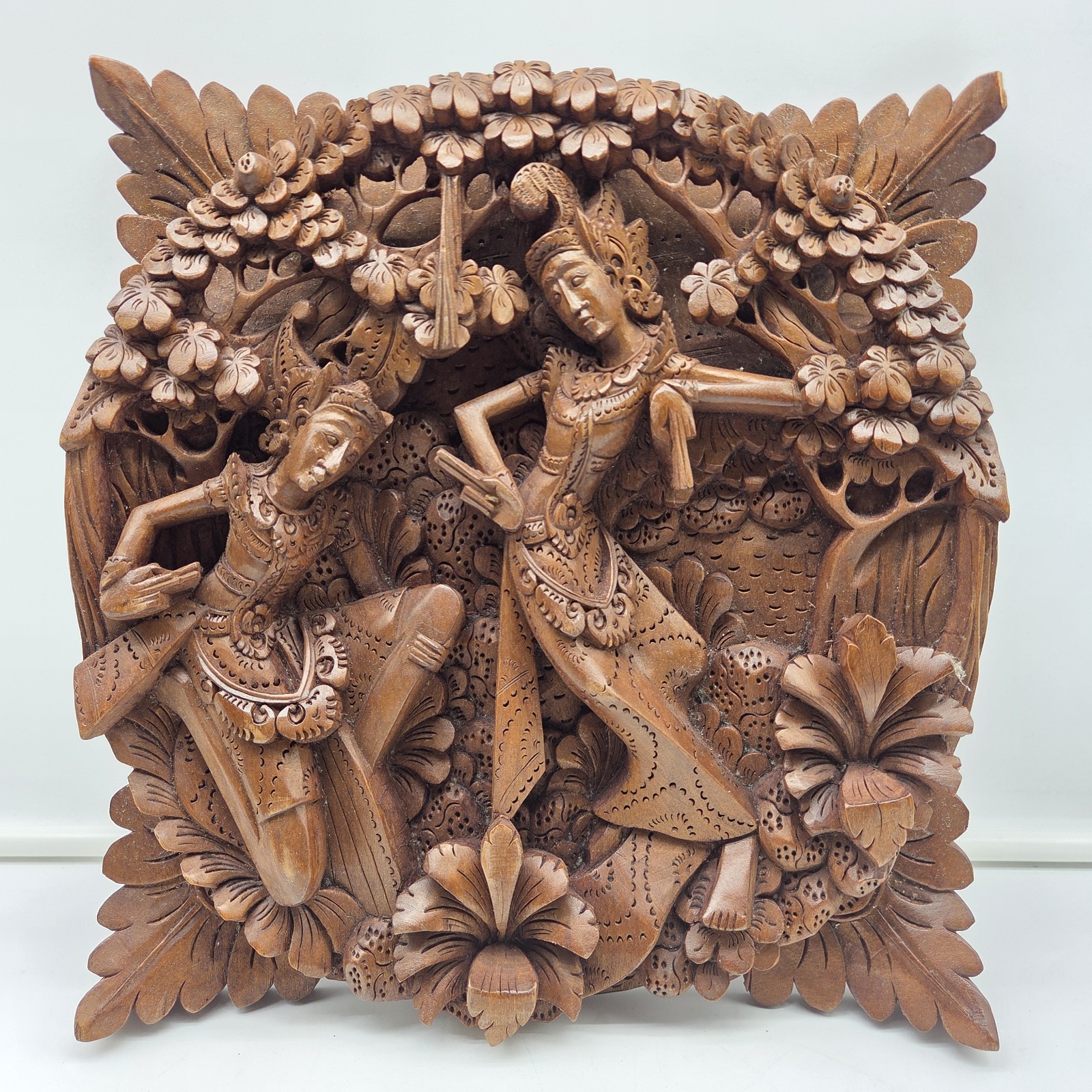 Balinese Bali Hand Carved Wood Relief Wall Art Dancers Floral 12"x11" Vintage