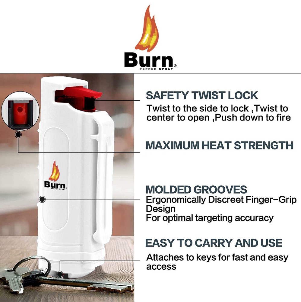2 Pack BURN Pepper Spray 1/2oz White Molded with Quick Release Keychains OC