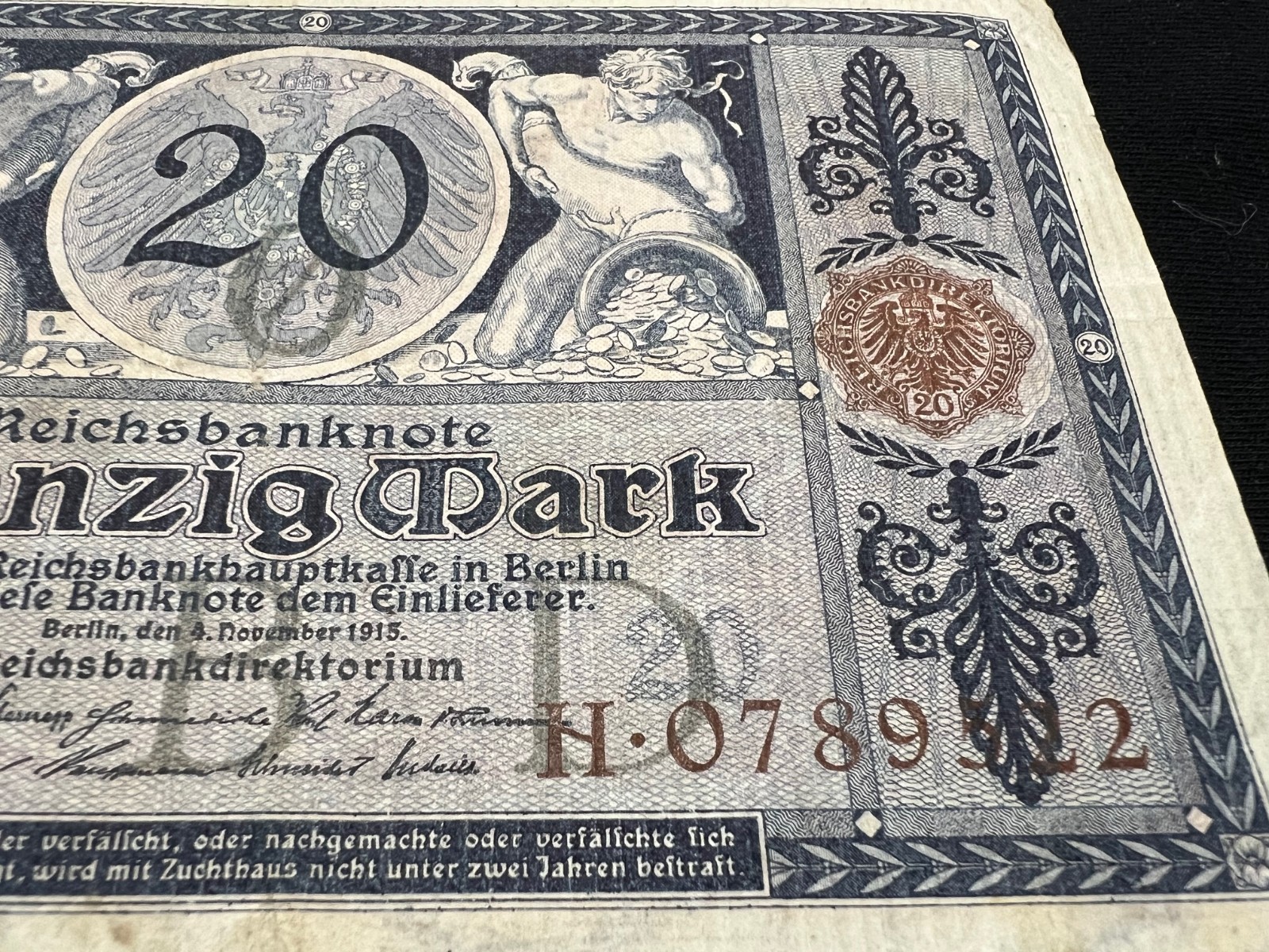 2x 1915 Germany 20 Mark Banknote Great War WW1 WWI Antique Artifact Art Relic