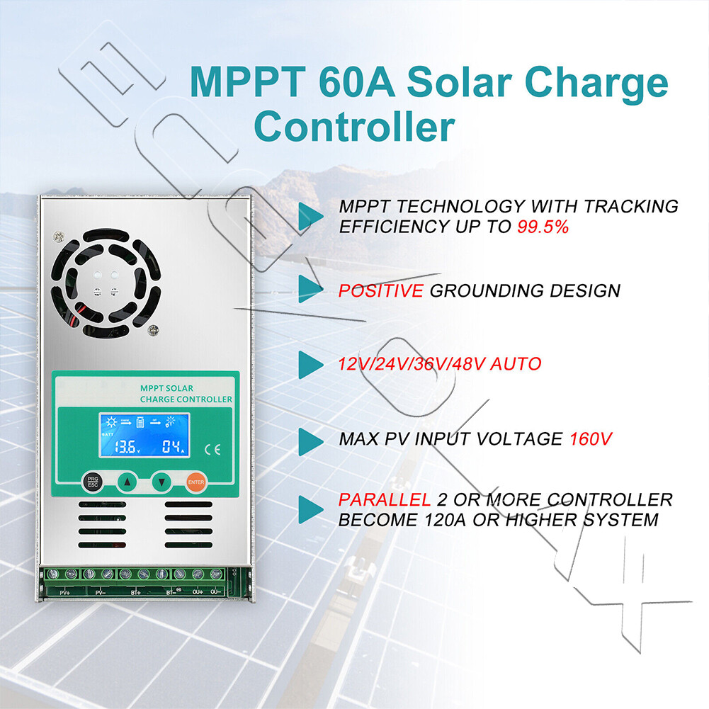 60AMP MPPT Solar Charge Controller For 12V 24V 36V 48V DC Battery Regulator USA