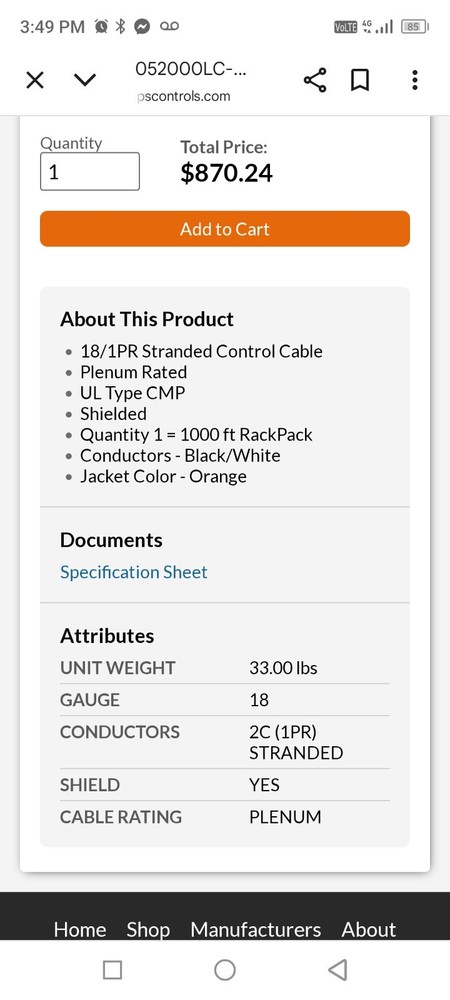 Windy City 052000LC 18/1P Low Cap Plenum Cable Wire CMP Orange /1000ft spool
