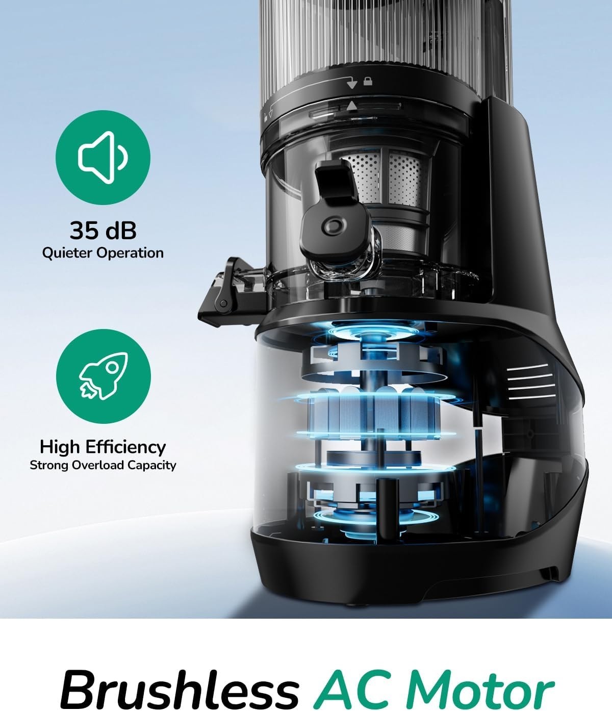 Canoly C09 Cold Press Juicer, 6" Extra Wide Feed Chute, 3-IN-1 Strainers (Juice