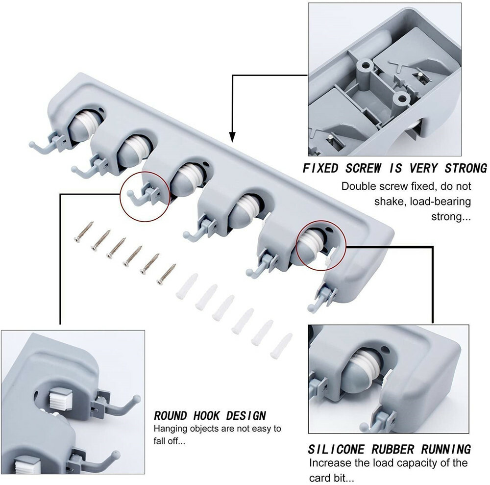 Broom Holder and Garden Tool Garage Organizer 5 Slots 6 Hooks for Rake Mop Wall