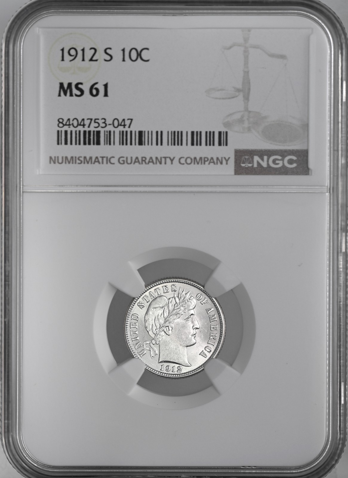 1912-S  10C  BARBER SILVER DIME  "SAN FRANCISCO"  NGC MS61  #8404753-047