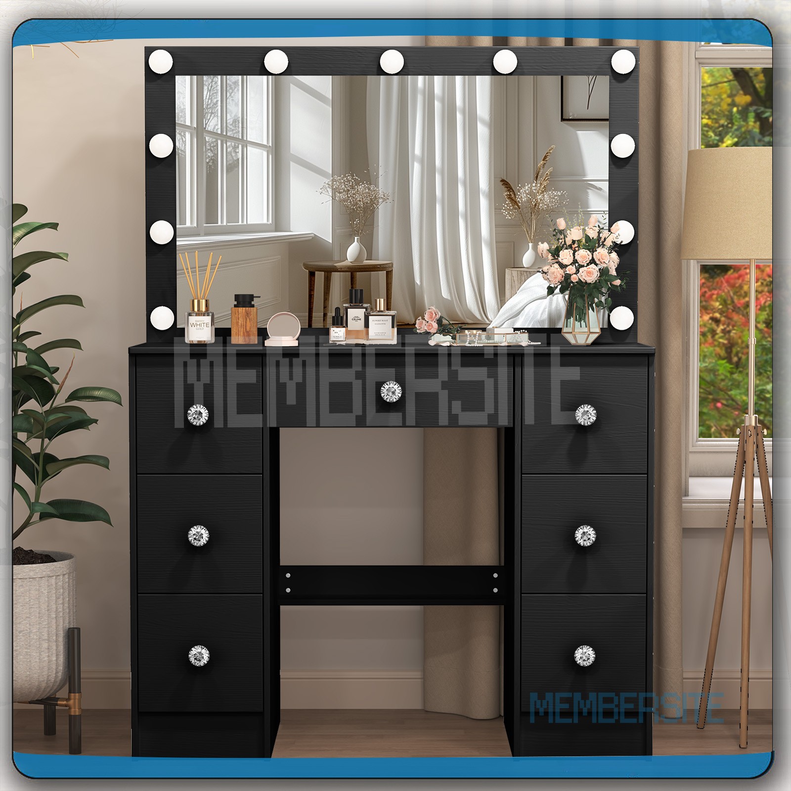 Black Vanity Makeup Desk Dressing Table With Large Mirror + Drawer &Crystal Pull