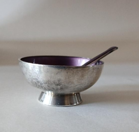 Meka Denmark PURPLE Enamel Sterling Silver Salt Cellar and matching Spoon