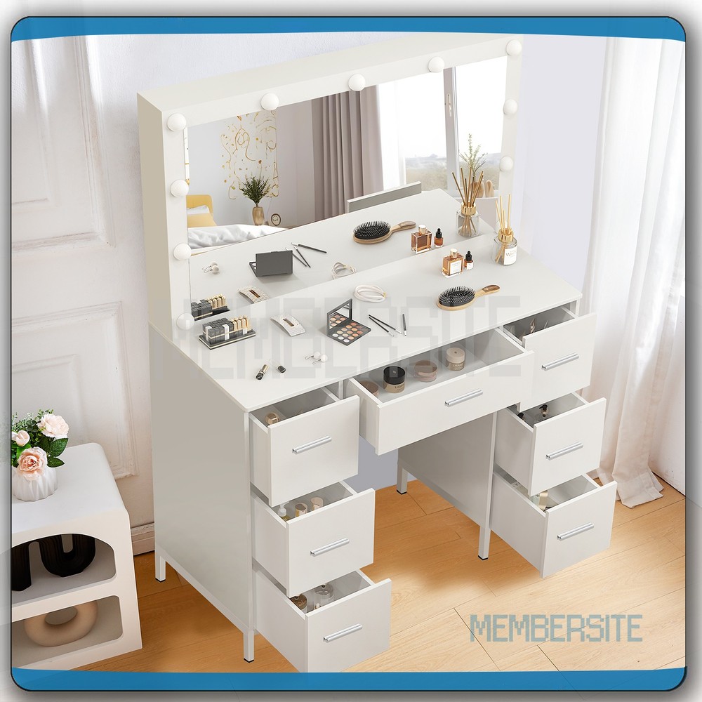 Vanity Desk Set With Large Mirror Makeup Dressing Table w/ 7 Drawers & Bar Pull