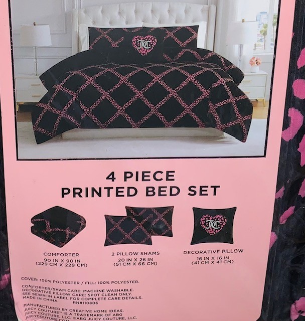 Juicy Couture Black/Hot Pink Leopard Print QUEEN 4pc Set Comforter,Shams,Pillow