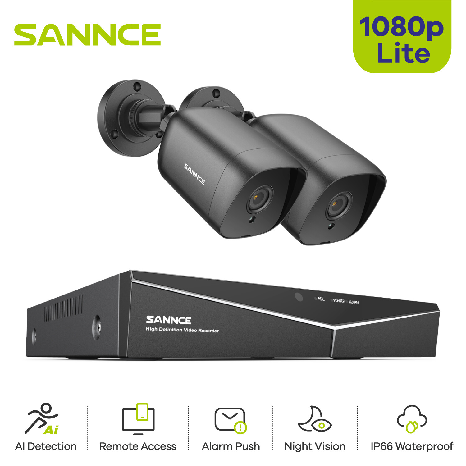 SANNCE 4CH 1080P Lite DVR 1080P CCTV Home Security Camera System Night Vision AI