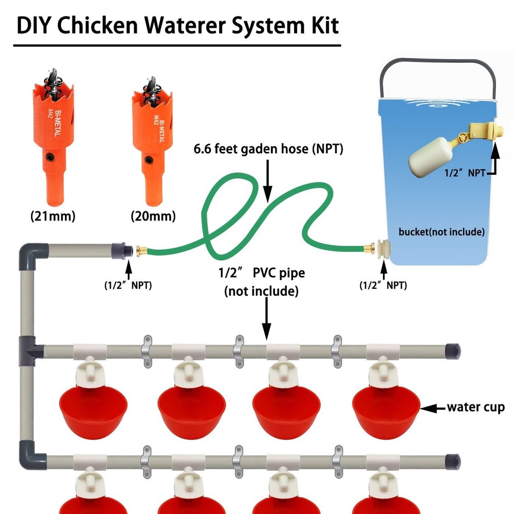 Complete Set Pipeline Automatic Chicken Watering System, 1/2" PVC Tee Fitting...