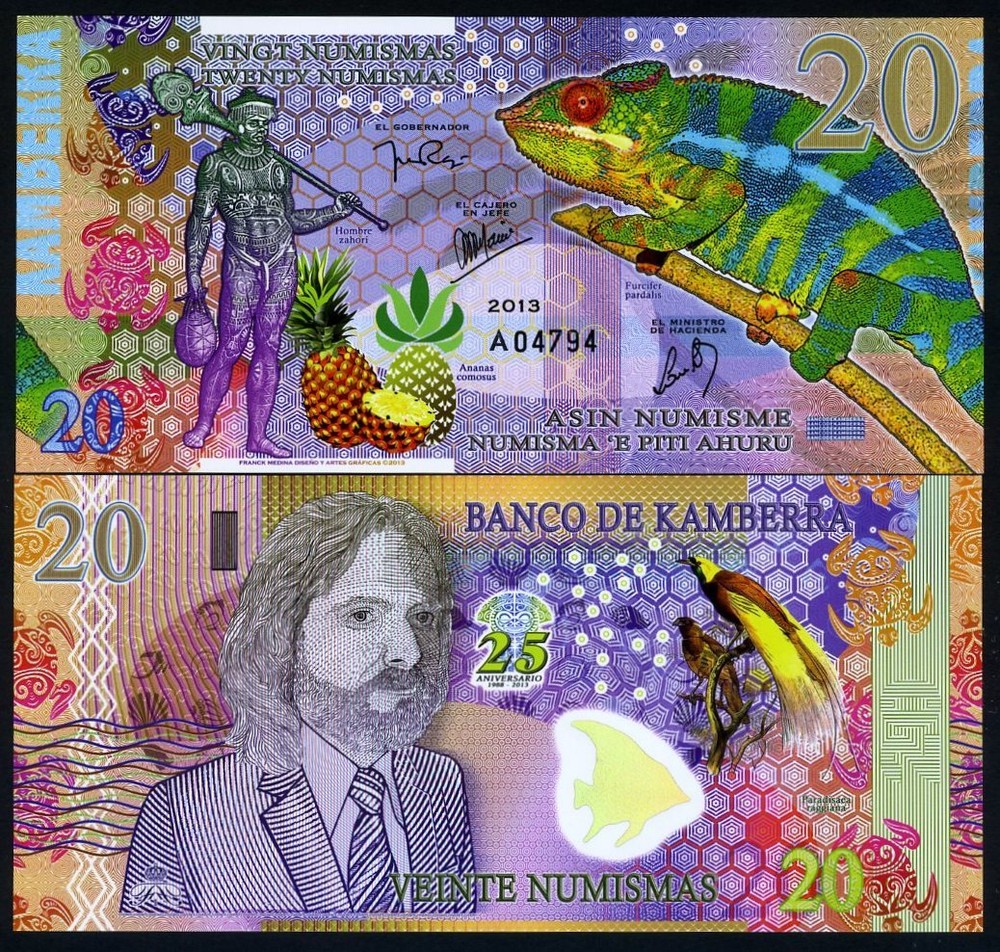 Kamberra, 20 Numismas, POLYMER, 2013, UNC Commemorative, Chameleon