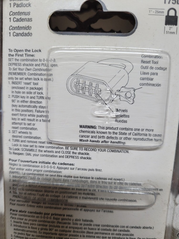 Master Lock 175D Combination Padlock 2" inch Wide. Resettable Combo