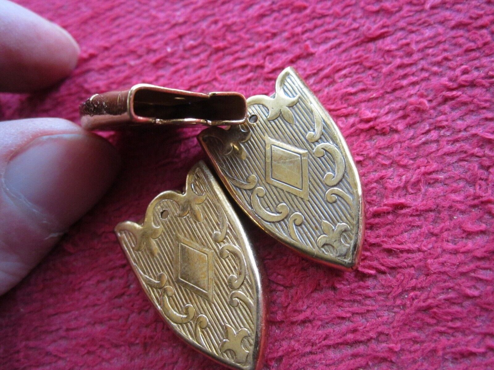 3 VINTAGE LEATHER or CLOTH BELT END TIPS, EMBOSSED, 3/4" BRASS TONE, NOS