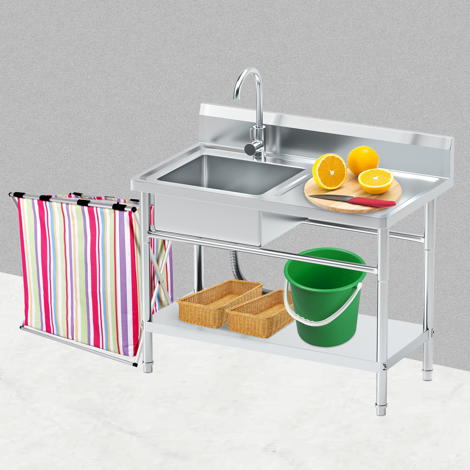 Stainless Steel Utility Bowl Laundry Sink with Water Plumbing Freestanding Sink