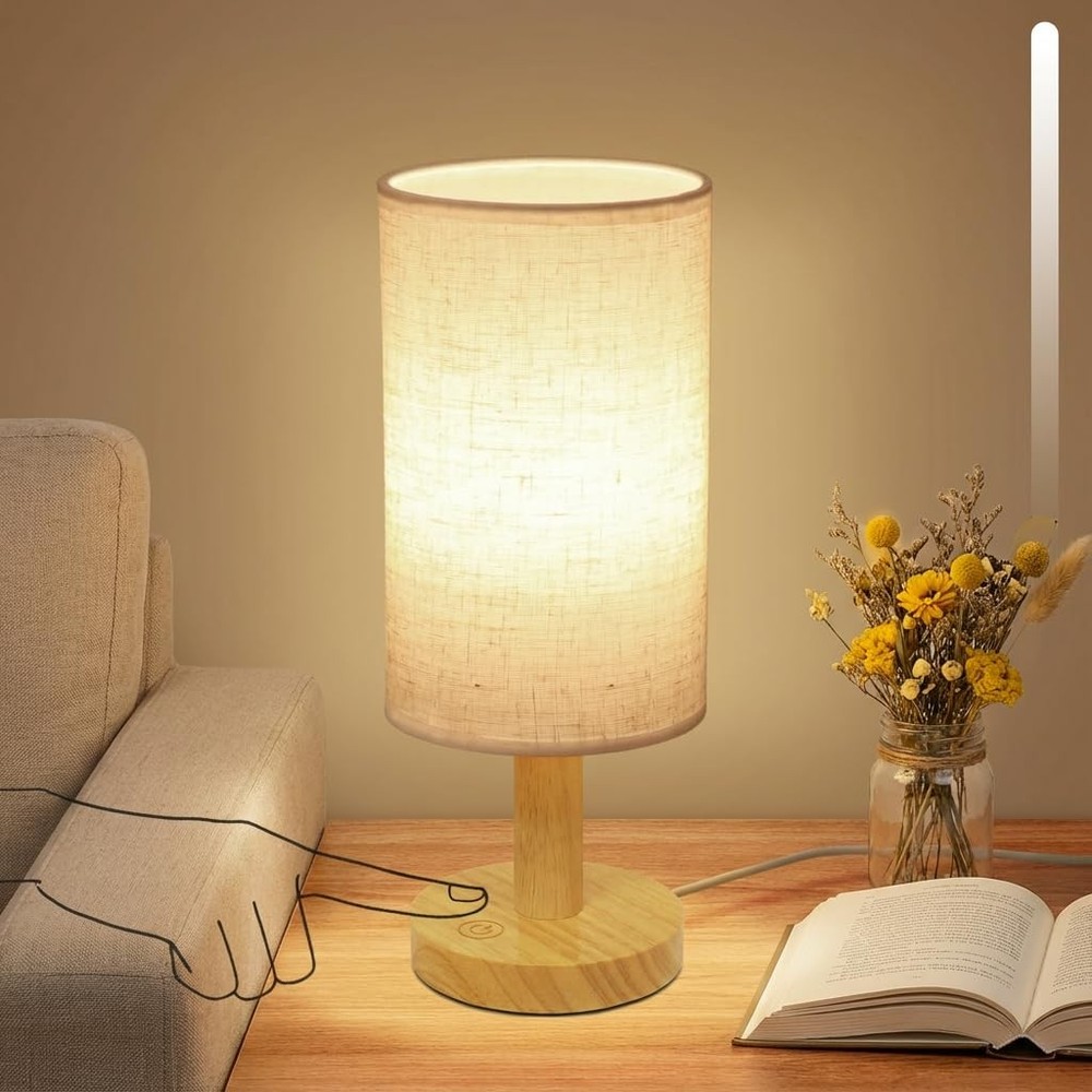 Touch Bedside Table Lamp  Stepless Dimming USB Powered, Minimalist Wood Base ...